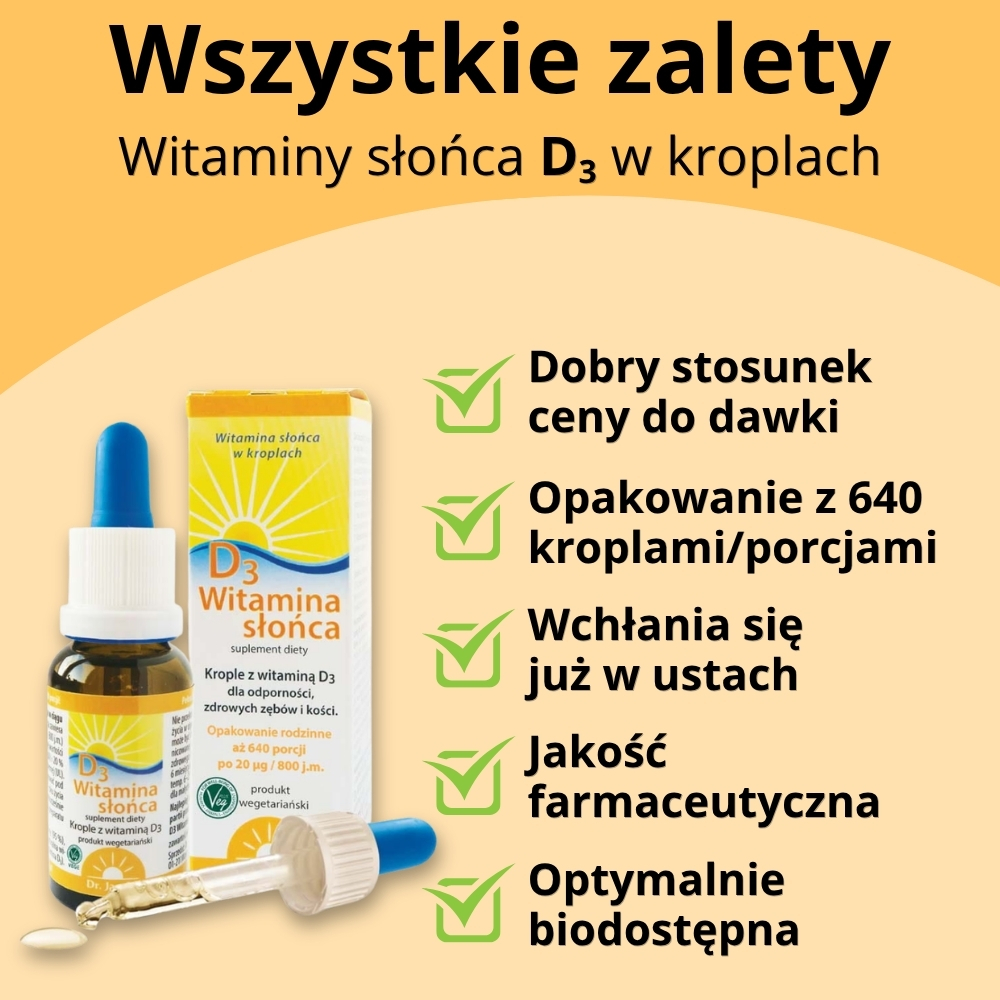 grafika o zaletach witaminy D3 w kroplach od dr jacobs